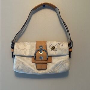 Bee Embroidered Cream and Tan Handbag